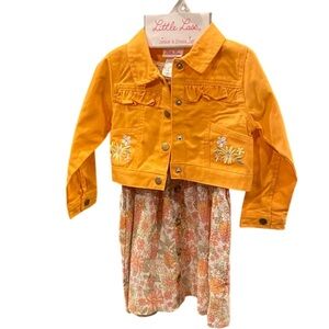 Little Lass Orange embroidered Jean Jacket with floral dress